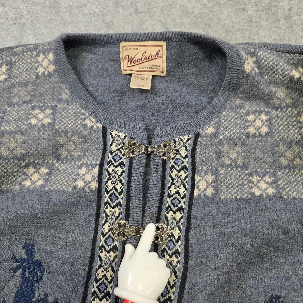 Vintage Woolrich Sweater Womens Medium Blue Wool Fair Isle Nordic Cardigan Clasp
